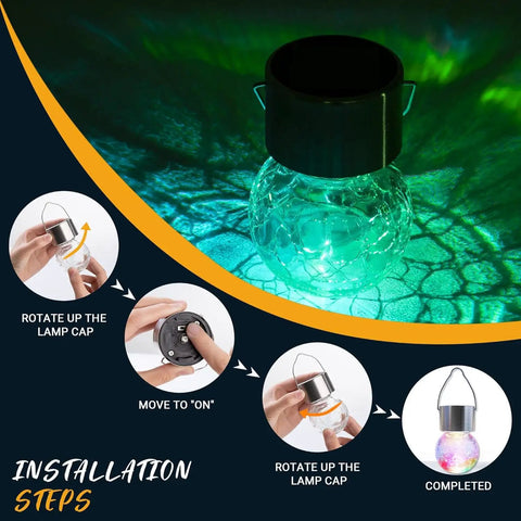 8 Pack Solar Hanging Lights Outdoor Waterproof Lanterns for Garden Decor, showing installation steps and color-changing light effect.