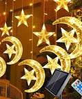 Solar String Lights Outdoor for Ramadan Eid Decor, 138 LED Star Moon Curtain Lights, 8 Modes, Waterproof With Remote, Memory Function
