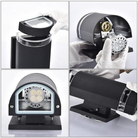 Detailed view of Dusk To Dawn Outdoor Porch Light With Sensor, Aluminum Waterproof Wall Sconce, showing LED components and structure.