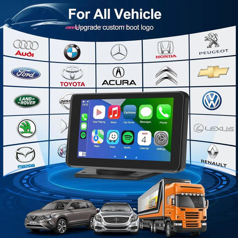 Wireless CarPlay Screen With Fast Auto Connect 7 Inch Portable Android Auto Display for vehicles with brand logos and cars