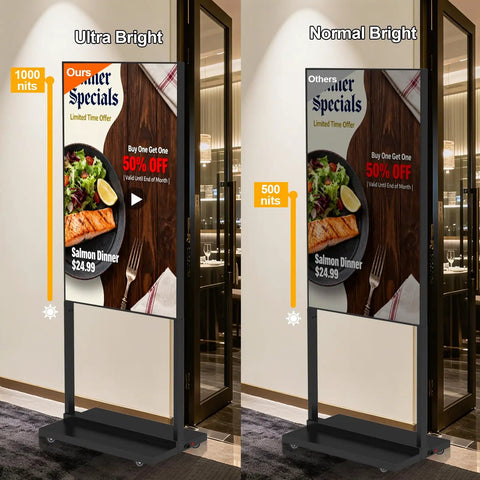 55 Inch 4K Indoor Floor Stand Digital Signage With 1000 Nits Brightness And No Fuss Rolling Base For Quick Retail Setup Android Smart Advertising Display With Wifi Plug Play Flexibility, bright display comparison.
