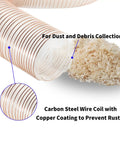 Heavy Duty Clear PU Dust Collection Hose 6 Inch By 30 Feet With Clamps showing flexible debris collection with copper wire coil.