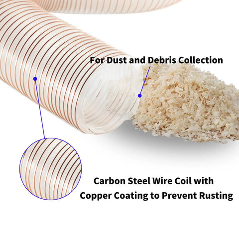 Heavy Duty Clear PU Dust Collection Hose 6 Inch By 30 Feet With Clamps showing flexible debris collection with copper wire coil.