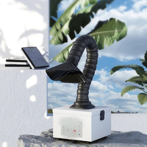 Slick Desktop Fume Extractor For Soldering Smoke Absorber with flexible arm and three stage filtration in electronics repair setup.