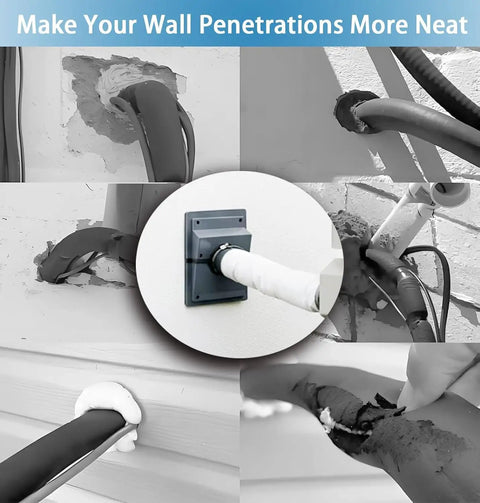 HVAC Wall Penetration Cover Kit With Dense Rubber Seal blocks drafts, showing installation over AC lineset on various walls.