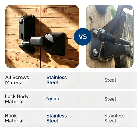 Comparison of Heavy Duty One Hand Spring Pop Gate Latch With Self Locking Design materials on wood vs. steel fence.