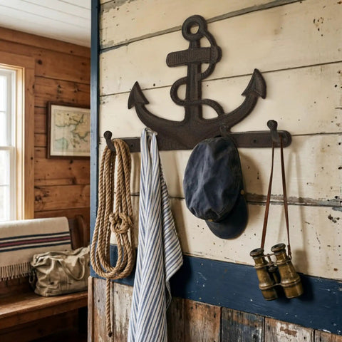 Badass Vintage Vibes 10 Inch Cast Iron Nautical Anchor Hook For Heavy Duty Wall Storage And Totally Rad Farmhouse Decor, mounted with ropes and accessories.