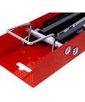 Heavy Duty Folding Saw Horses 2 Pack Built Tough As Nails For Real World Job Sites. Close-up of portable red steel frame and cross brace.