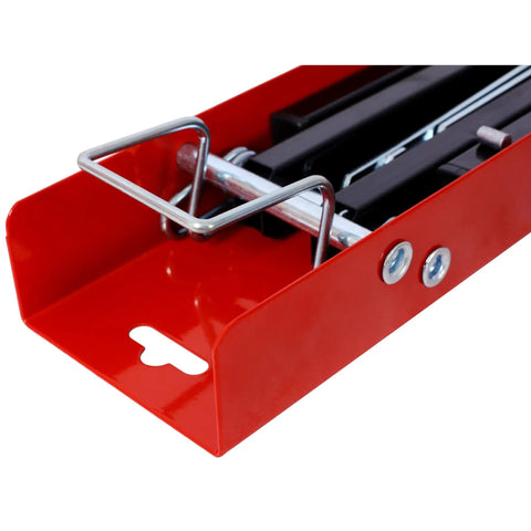 Heavy Duty Folding Saw Horses 2 Pack Built Tough As Nails For Real World Job Sites. Close-up of portable red steel frame and cross brace.