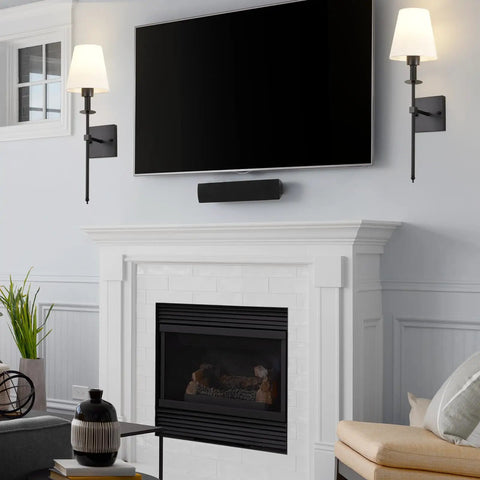 Bold Black Wall Sconces Set Of 2 Dope Hardwired Dimmable Indoor Metal Sconces With Fabric Shades above fireplace