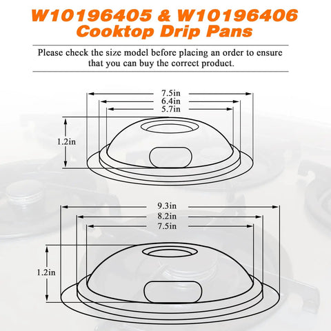 Diagram showing dimensions of Chrome Burner Drip Pan Kit For Whirlpool Electric Ranges Includes 8 Inch And 3 Inch And 6 Inch Drip Pans