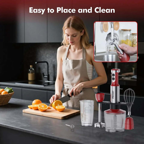 Heavy Duty Immersion Blender Handheld 20 Speed 5 In 1 Kitchen Mixer No Sweat Blending Works Like A Charm with attachments.