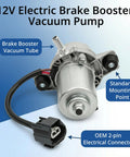 Front view of 12V brake booster vacuum pump with OEM 2-pin electrical connector and standard mounting point