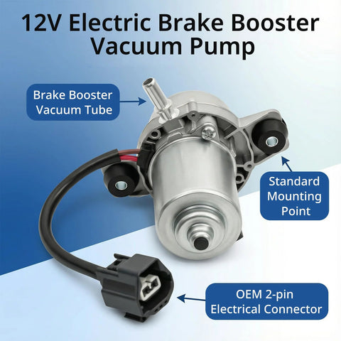 Front view of 12V brake booster vacuum pump with OEM 2-pin electrical connector and standard mounting point