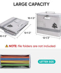 Locking Fireproof Document Box With Waterproof Seal And Portable Design, showing dimensions and open view.