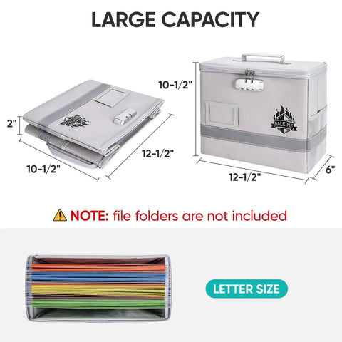 Locking Fireproof Document Box With Waterproof Seal And Portable Design, showing dimensions and open view.