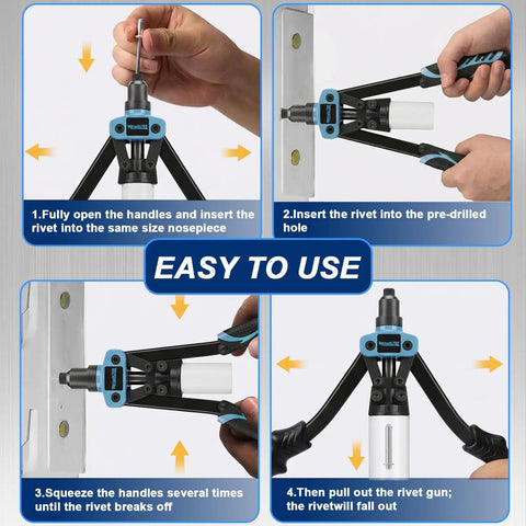 Kickass 13 Inch Manual Rivet Gun Built For The Grind With 100 Aluminum Rivets And Five Swappable Nosepieces For Gutter Repair Auto Body Work And Fabrication Ready To Roll
