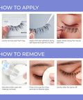 Steps to apply and remove lashes using Super Strong Black Lash Glue For Strip Lashes And Clusters With Biotin And Blueberry Extract