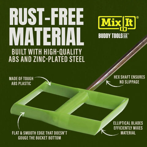 Mix It 20 Inch Mud And Paint Mixer with durable ABS paddle shown in close-up with rust-resistant zinc-plated shaft on green background.
