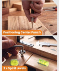 Job Site Ready And No Nonsense Carpentry Marking Kit Featuring A Kick-Ass Tool Bundle With Color Coded Refills Precision Scribe Center Punch And Heavy Duty Pencils For Skilled Craftsmen; positioning center punch and two spirit levels on wood.