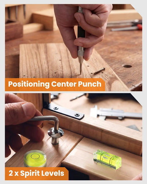 Real Deal Carpenter Marking Kit Featuring Heavy Duty Pencils With Colorful Refills Plus Mechanical Pencils Bold Markers A Rock Solid Carbide Scribe And Exact Layout Gauge Built Tough For Quick Job Site Drafting And Dead On Measurements. Hand using center punch on wood with two spirit levels.