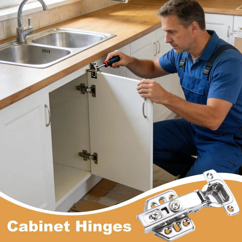 Person installing soft close overlay cabinet hinges stainless steel concealed door hardware in kitchen cabinet