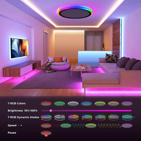 Dope RGB LED Flush Mount Ceiling Light With Remote Control, 13-Inch 24W 2400LM, installed in modern living room setting