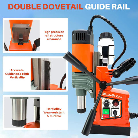 1400W Magnetic Drill Press With Six Coring Bits, 2 Inch Boring Diameter Portable Electric Mag Drill for Hard Metal Surfaces close-up of the guide rail and controls.