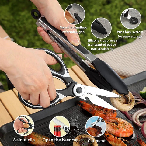 Using tongs and scissors from the All In One Outdoor Camp Kitchen Gear, 15 Piece Camping Cookware And Utensil Set during outdoor cooking