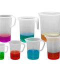 Tall Form 1000mL Polypropylene Graduated Pitcher With 10mL Increments, Chemical Resistant And Heat Safe To 121 C, Spill Free Pouring, Durable Shatterproof Lab Grade Measuring Pitcher For Lab, Kitchen And Industrial Use, shown with colored liquids