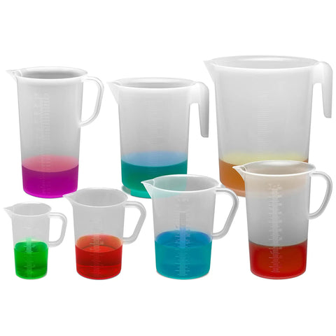 Tall Form 1000mL Polypropylene Graduated Pitcher With 10mL Increments, Chemical Resistant And Heat Safe To 121 C, Spill Free Pouring, Durable Shatterproof Lab Grade Measuring Pitcher For Lab, Kitchen And Industrial Use, shown with colored liquids