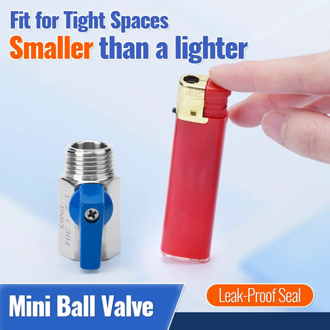 Two Pack Half Inch Mini Ball Valve 304 Stainless Steel Water Flow Control next to a lighter for size reference