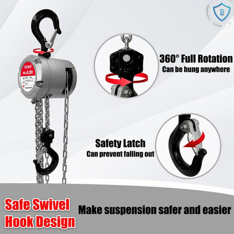 0.5 Ton Aluminum Hand Chain Hoist With 1100 Lbs Capacity, 10 Ft Lift Height, Dual Heavy Duty Hooks, Manual Chain Fall Hoist