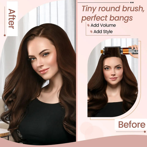 Woman using Upgraded Round Brush Attachment For Dyson Airwrap Round Volumizing Brush For Dyson Airwrap HS01 05 08 shown before and after
