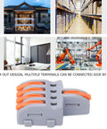 20 Pack Push In Wire Connectors 1 To 4 Out Electrical Terminal Block Copper Conductor Splitter For Recessed Fixtures And Auto Wiring Quick Lock No Sweat Install Heat Resistant Shell Orange with multiple connectors side by side.