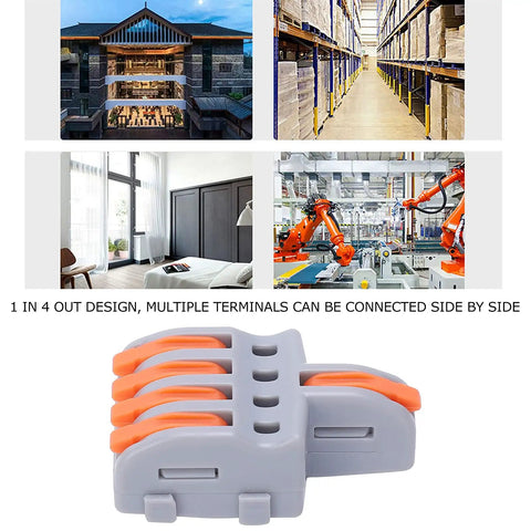 20 Pack Push In Wire Connectors 1 To 4 Out Electrical Terminal Block Copper Conductor Splitter For Recessed Fixtures And Auto Wiring Quick Lock No Sweat Install Heat Resistant Shell Orange with multiple connectors side by side.