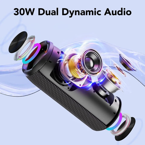 Portable Bluetooth Speaker With Bluetooth Five Four 30W Dual Speakers And Two Point Oh Channel Sound Deep Bass Thirty Hour Playtime Colorful RGB Lights IPX Seven Waterproof True Wireless Stereo TWS Pairing For Outdoor Home Party Travel Gift Ideas, internal components view.