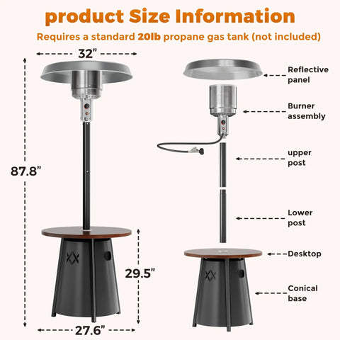 50000 BTU Outdoor Patio Heater With Round Table Design Premium 304 Stainless Steel Burner Triple Protection System Propane Heater