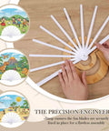 Wooden Fan Assembly Jig For 13-Inch Handheld Fans with Magnetic Clamp, shown aligning fan ribs on a table.