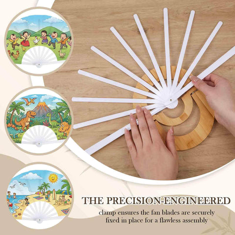 Wooden Fan Assembly Jig For 13-Inch Handheld Fans with Magnetic Clamp, shown aligning fan ribs on a table.