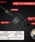 ANGELSWORD hole saw kit front view showing mandrel, hole saw, installation plate and nut for drywall and wood use.