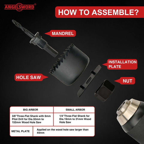 ANGELSWORD hole saw kit front view showing mandrel, hole saw, installation plate and nut for drywall and wood use.