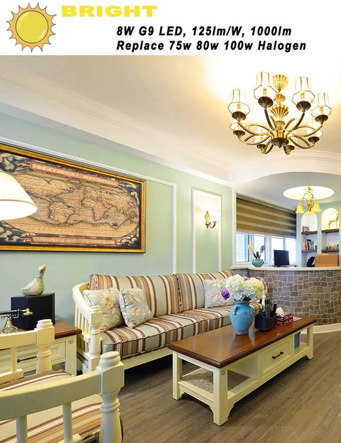 Living room with chandelier using G9 LED Bulbs 75W 80W 100W Halogen Equivalents, 1000 Lumen Soft Warm White 3000K lighting.