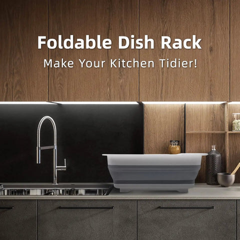 Collapsible RV Dish Drying Rack With Built In Utensil Organizer Portable Kitchen Drainer on kitchen counter