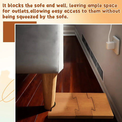 Adjustable Wood Couch Wall Spacers 2 Pack Shield Your Drywall From Rough Bumps Solid Brown Furniture Gap Blocks preventing wall damage while providing outlet access.