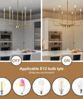 Farmhouse Style Gold Candle Chandelier With Brushed Brass Finish 6 Light Mid Century Branches Ceiling Fixture For Dining Room Kitchen Living Room Foyer And Entrance showing on and off settings in a modern kitchen.