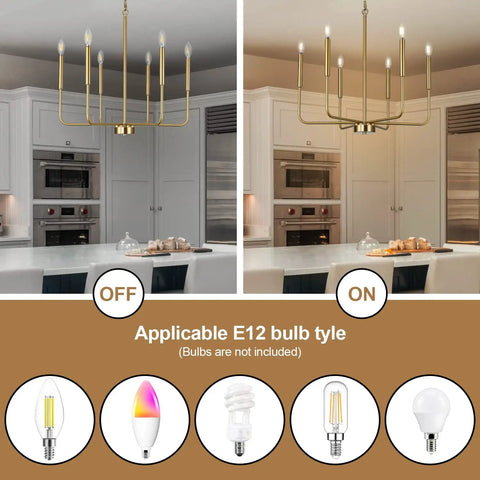 Farmhouse Style Gold Candle Chandelier With Brushed Brass Finish 6 Light Mid Century Branches Ceiling Fixture For Dining Room Kitchen Living Room Foyer And Entrance showing on and off settings in a modern kitchen.