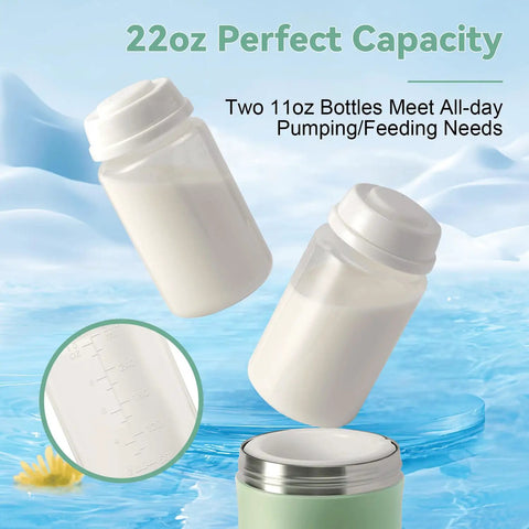 Portable Breast Milk Cooler With 24 Hour 360 Chill Technology 22 Oz No Ice Pack Nursing Bottle showing two 11oz bottles in water.