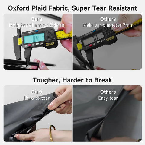 Comparative images showing Oxford plaid fabric thickness and tear resistance for All Weather Outdoor Bike Storage Tent.