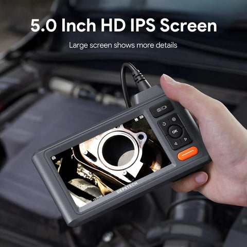 Triple Lens 5 Inch IPS Screen Snake Endoscope Camera displaying engine part on 5-inch HD screen for auto repair